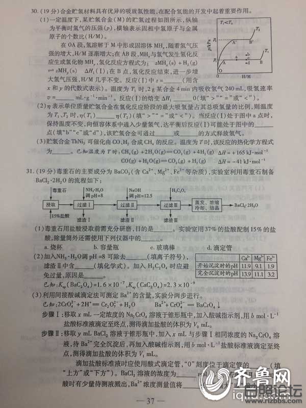 2015年山东高考理科综合真题及答案